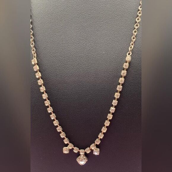 Gold Tone Rhinestone Crystal Bib Drop Necklace Womens Clear 16” Party Formal - Picture 1 of 3